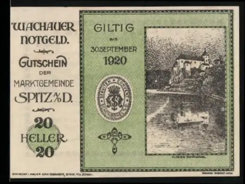 Notgeld Spitz a. d. Donau 1920, 20 Heller, Landschaft mit Fluss und Burg