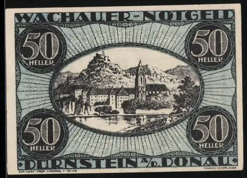 Notgeld Dürnstein a. d. Donau 1920, 50 Heller, Landschaft mit Burg und Kirche