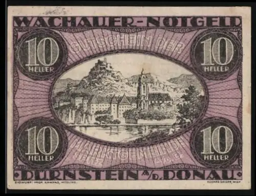 Notgeld Dürnstein a. d. Donau 1920, 10 Heller, Burg und Landschaftsmotiv