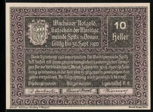 Notgeld Spitz a. d. Donau 1920, 10 Heller, Wappen der Marktgemeinde Spitz, umlaufender Ornamentrahmen