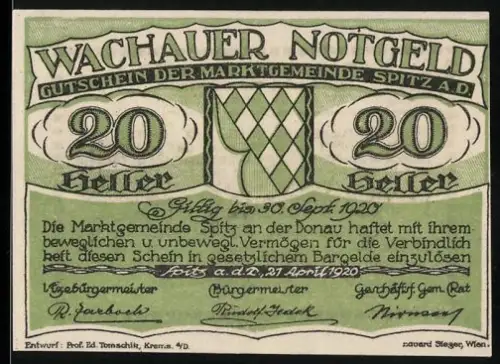 Notgeld Spitz a. d. Donau 1920, 20 Heller, grünes geometrisches Muster und Text