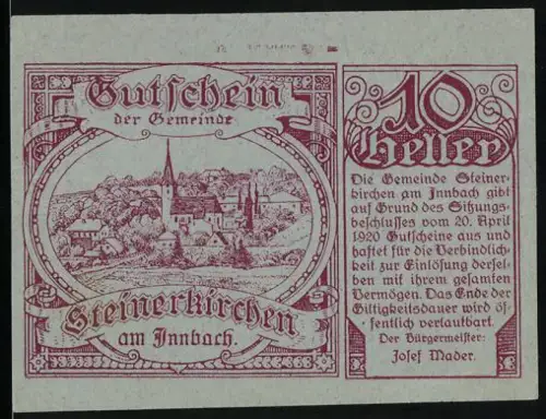 Notgeld Steinerkirchen am Innbach, 10 Heller, Ansicht des Dorfes mit Kirche und umliegender Landschaft