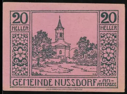 Notgeld Nussdorf am Attersee 1920, 20 Heller, Kirche und Landschaftsansicht