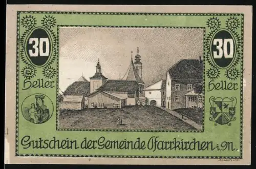 Notgeld Pfarrkirchen i. M., 30 Heller, Ortsansicht mit Kirche und Gebäuden, Wappen