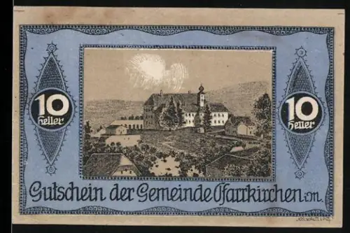 Notgeld Pfarrkirchen i. M., 10 Heller, Klosteransicht und Textauszug von N. Hanrieder