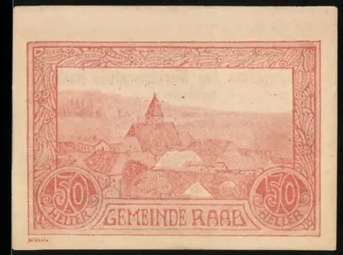 Notgeld Raab 1920, 50 Heller, Ortsansicht mit Kirche und Landschaft im Hintergrund
