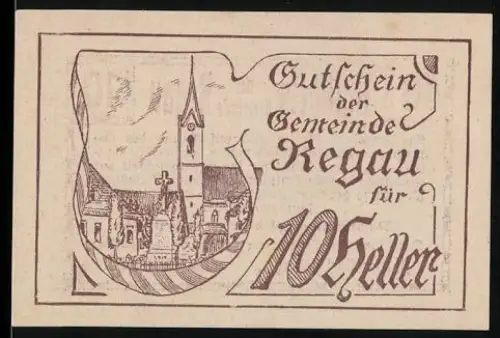 Notgeld Regau 1920, 10 Heller, Kirche und Gebäudeansicht