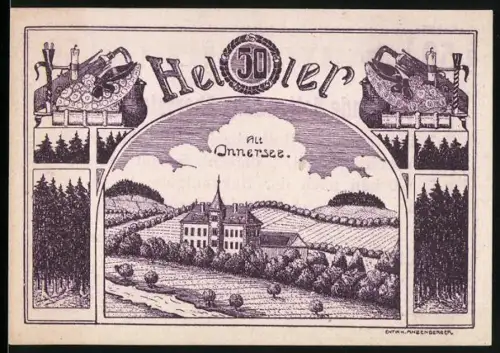 Notgeld Rottenbach, 50 Heller, Landschaft mit Schloss und landwirtschaftlichen Symbolen