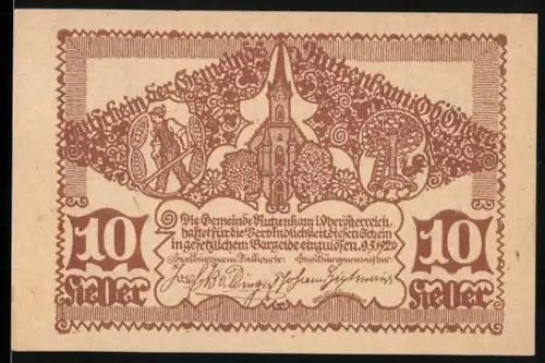 Notgeld Rutzenham 1920, 10 Heller, Kirche und Bäume mit Ornamenten