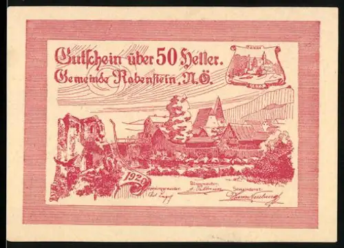 Notgeld Rabenstein /N.Ö. 1920, 50 Heller, Burgruine und Ortsansicht mit Wappen