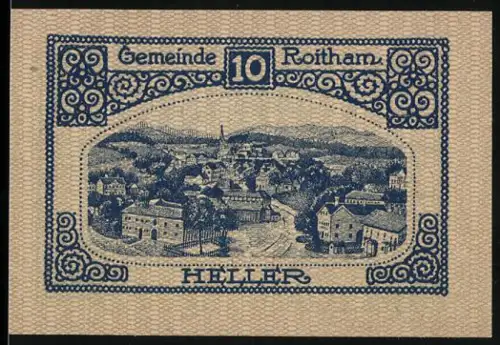 Notgeld Roitham 1920, 10 Heller, Ortsansicht mit dekorativen Mustern
