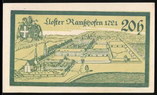 Notgeld Ranshofen 1921, 20 Heller, Kloster Ranshofen mit Wappenansicht