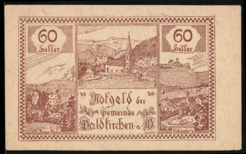 Notgeld Waldkirchen a. W. 1920, 60 Heller, Landschaft mit Kirche und Ortsansicht im Donautal
