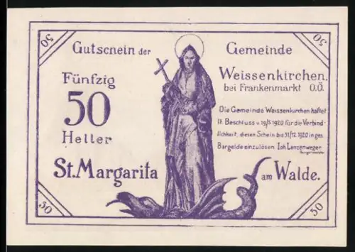 Notgeld Weissenkirchen bei Frankenmarkt 1920, 50 Heller, St. Margarita und Pfarrkirche