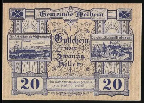 Notgeld Weibern 1920, 20 Heller, Tonwerk und Molkerei Szenen