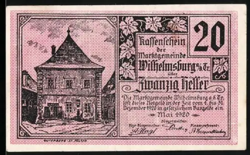 Notgeld Wilhelmsburg a. d. Tr. 1920, 20 Heller, Gebäude und Wappen mit Schlossansicht