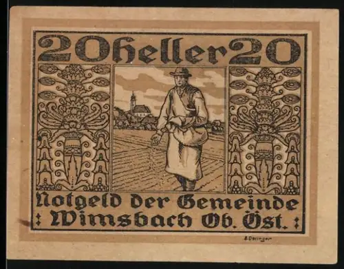 Notgeld Wimsbach /Ob. Öst., 20 Heller, Bauer sät auf dem Feld mit Kirche im Hintergrund