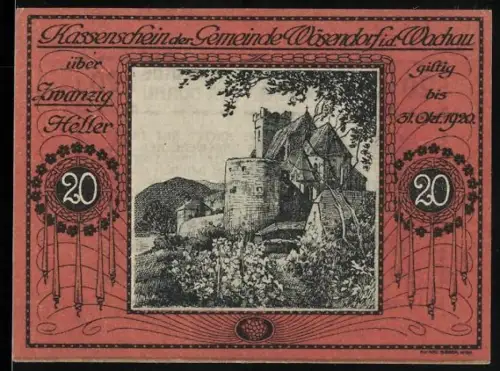 Notgeld Wösendorf i. d. Wachau 1920, 20 Heller, Burgansicht mit Weinbergen