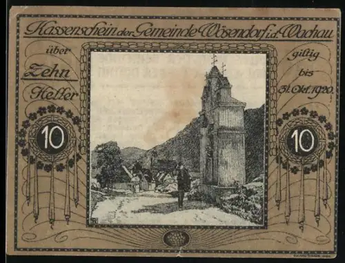 Notgeld Wösendorf i. d. Wachau 1920, 10 Heller, Landschaft mit Kirche und Bergen