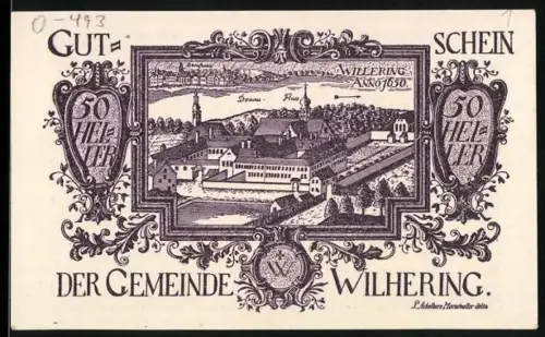 Notgeld Wilhering 1920, 50 Heller, Klosteransicht im Jahr 1650