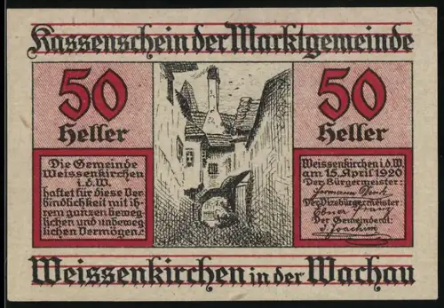 Notgeld Weissenkirchen in der Wachau 1920, 50 Heller, historische Gasse mit Gebäuden