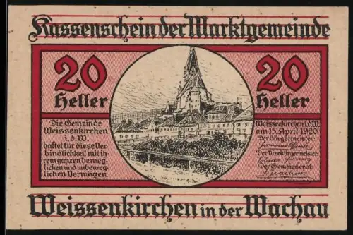 Notgeld Weissenkirchen in der Wachau 1920, 20 Heller, Darstellung der Kirche und Umgebung