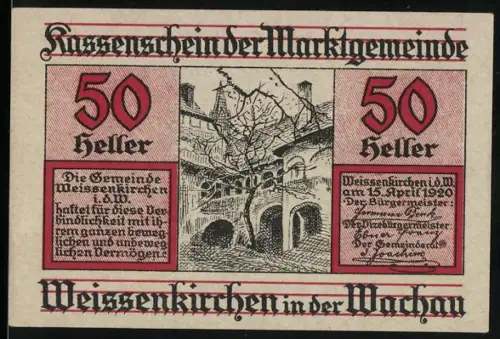 Notgeld Weissenkirchen in der Wachau 1920, 50 Heller, Innenhof mit Baum und Arkaden