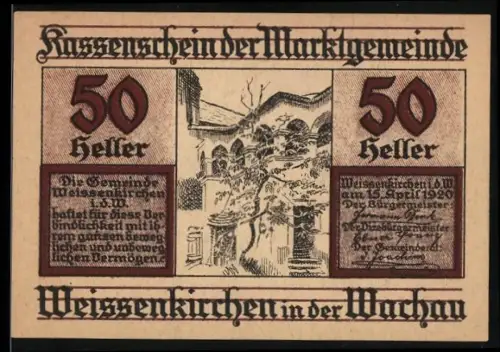 Notgeld Weissenkirchen in der Wachau 1920, 50 Heller, Weinlaube mit lateinischer Inschrift