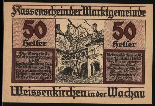 Notgeld Weissenkirchen in der Wachau 1920, 50 Heller, Innenhof mit Baum und Arkaden