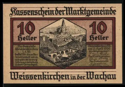 Notgeld Weissenkirchen in der Wachau, 10 Heller, Ortsansicht mit Kirche und Brücke