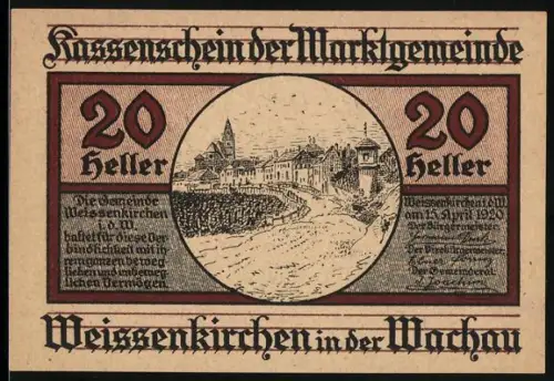 Notgeld Weissenkirchen in der Wachau 1920, 20 Heller, Ortsansicht mit Flussufer