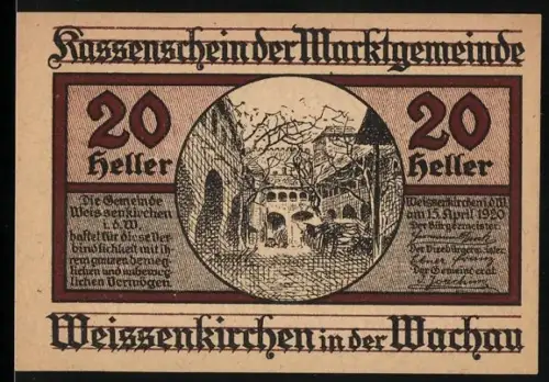 Notgeld Weissenkirchen in der Wachau 1920, 20 Heller, winterliche Dorfszene