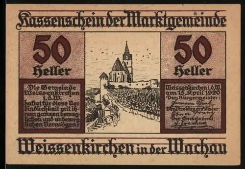 Notgeld Weissenkirchen in der Wachau 1920, 50 Heller, Kirche und Ortsansicht in der Wachau