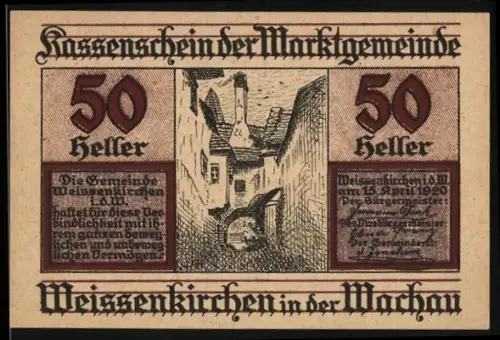 Notgeld Weissenkirchen in der Wachau 1920, 50 Heller, historische Gasse mit Fachwerkhäusern