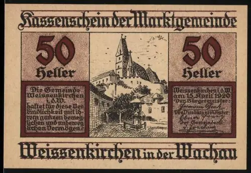 Notgeld Weissenkirchen in der Wachau 1920, 50 Heller, Kirche und Gebäudeansicht