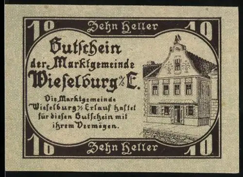 Notgeld Wieselburg a. d. E. 1920, 10 Heller, historisches Gebäude und Wappen