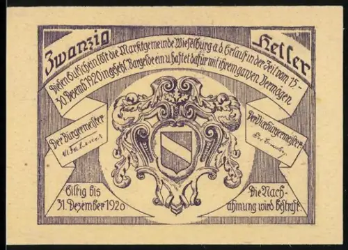 Notgeld Wieselburg a. d. Erlauf 1920, 20 Heller, Ortsansicht mit Fluss und Wappen