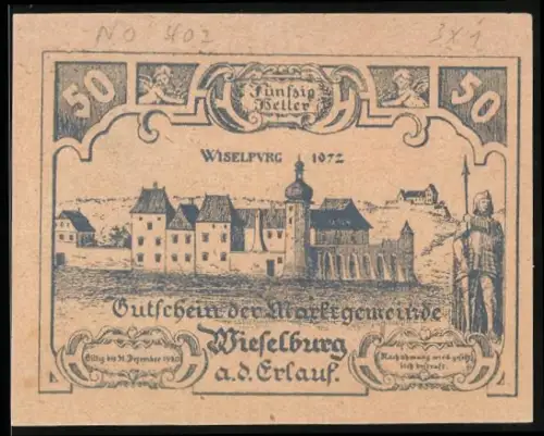 Notgeld Wieselburg a. d. Erlauf 1920, 50 Heller, Schlossansicht und Wappen mit dekorativem Rahmen