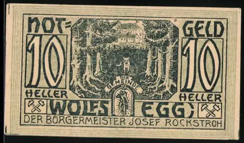 Notgeld Wolfsegg 1922, 10 Heller, Waldszene mit Gebäude und Wanderer