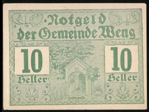 Notgeld Weng 1920, 10 Heller, Kapelle und Kriegerdenkmal