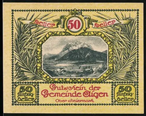 Notgeld Aigen /Obersteiermark, 50 Heller, Berglandschaft und Getreidebündel