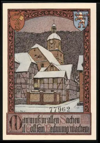Notgeld Bad Sooden a. d. Werra 1921, 50 Pfennig, verschneite Fachwerkhäuser und Stadtwappen