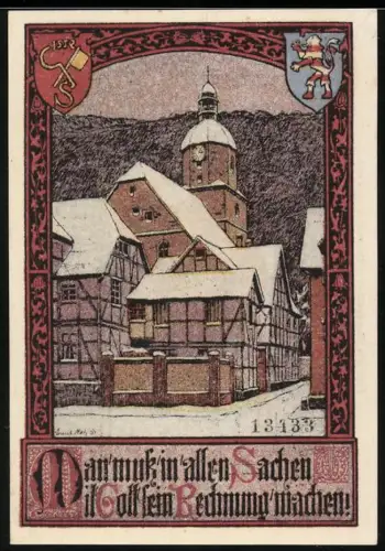 Notgeld Bad Sooden a. d. W., 25 Pfennig, Fachwerkhäuser mit verschneitem Kirchturm und Wappen