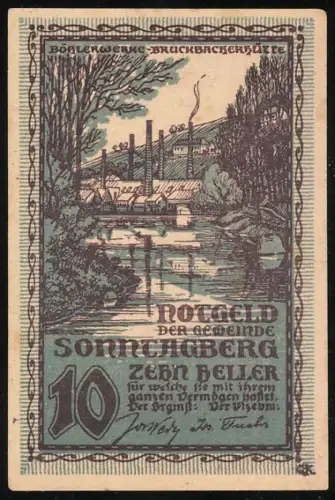 Notgeld Sonntagberg, 10 Heller, Industriegelände an einem Flussufer mit Schornsteinen und Bäumen