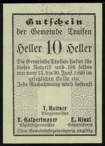 Notgeld Traisen 1920, 10 Heller, Text mit Verzierungen und Unterschriften