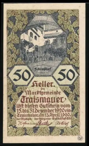 Notgeld Traismauer 1920, 50 Heller, Schlosshof und Weinrebenmuster