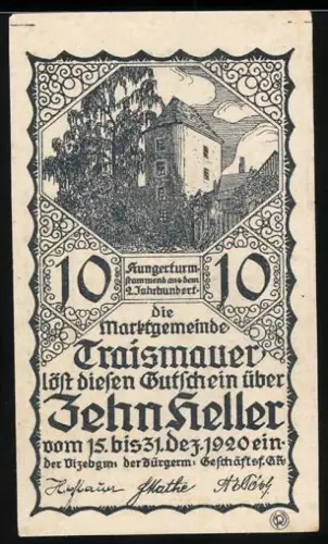 Notgeld Traismauer 1920, 10 Heller, Hungerturm und Gebäudeansicht im 2. Jahrhundert