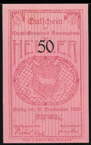 Notgeld Neulengbach 1920, 50 Heller, Wappen und Rathausabbildung
