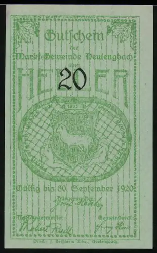 Notgeld Neulengbach 1920, 20 Heller, Rathaus und Turm mit Wappen