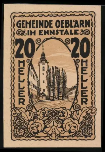 Notgeld Oeblarn im Ennstale 1920, 20 Heller, Kirche und Bäume im Ortszentrum
